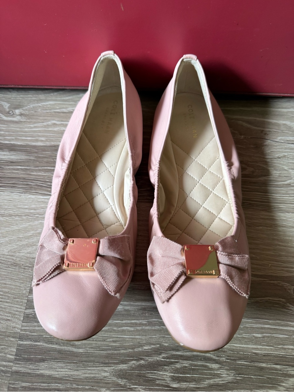 Cole Haan Blush Pink Leather Bow Flats with Gold Plaque